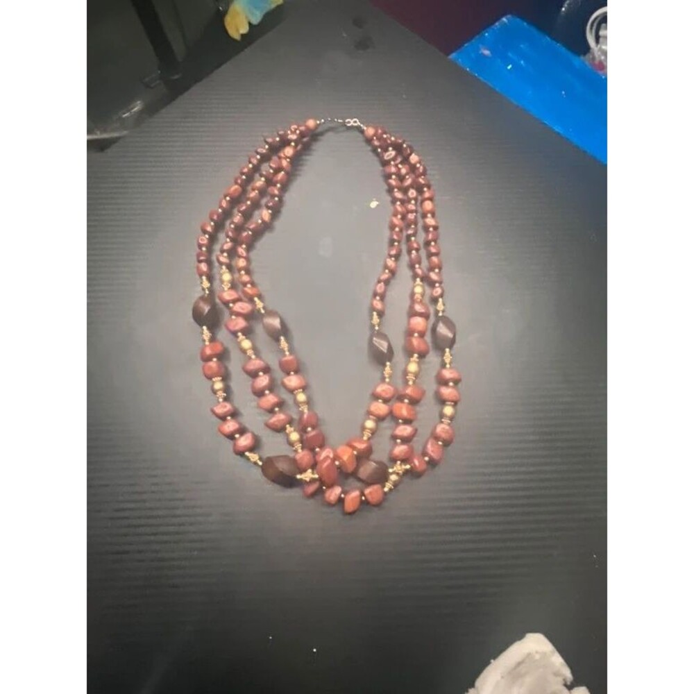 Brown Rust Red 3 Strand Beaded Statement Necklace Gold Tone Boho Chunky Layered